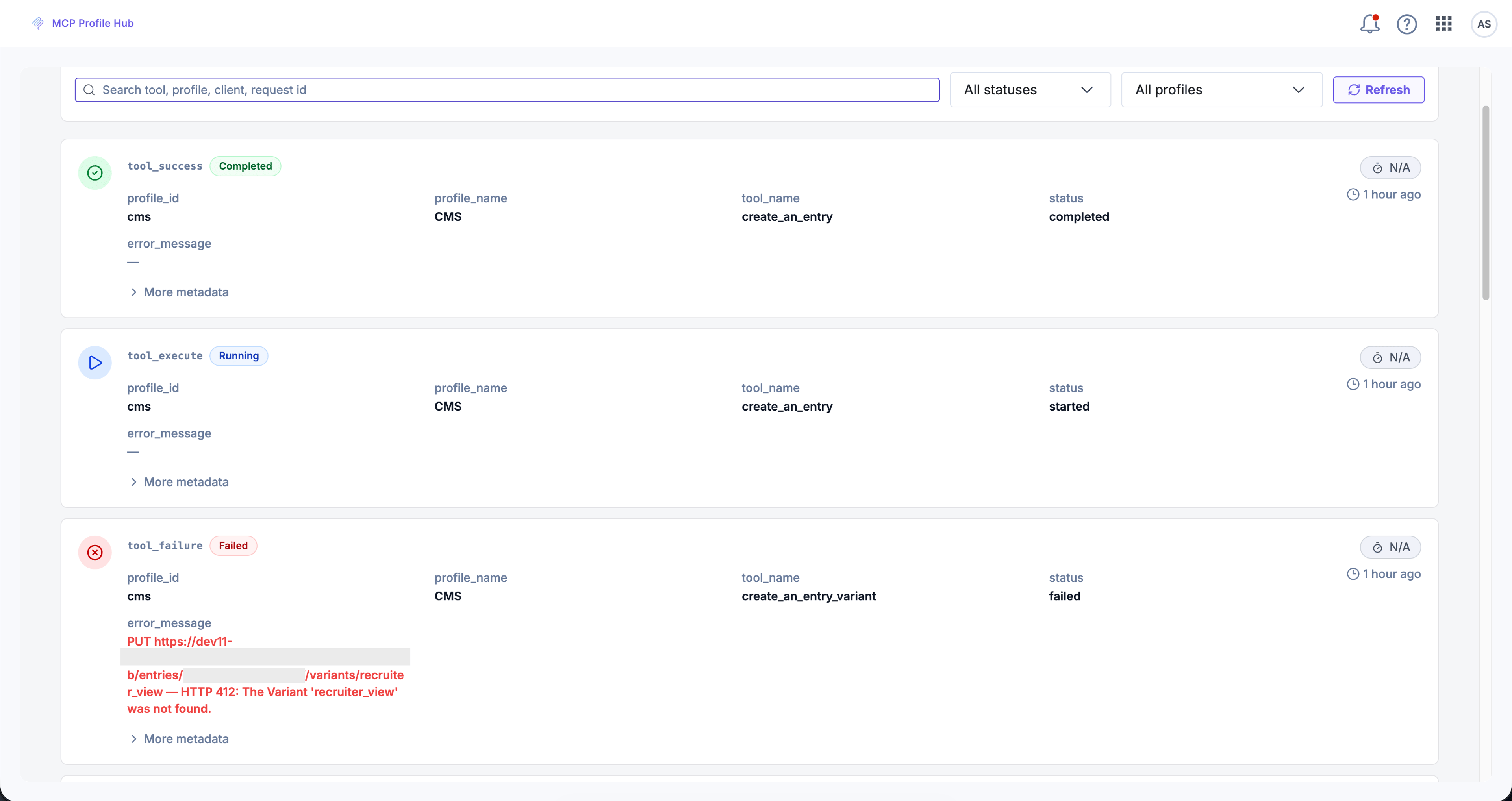 Executions view with search and filters, listing tool calls with a status badge, profile name, tool name, timestamp, and an inline error message on a failed call.