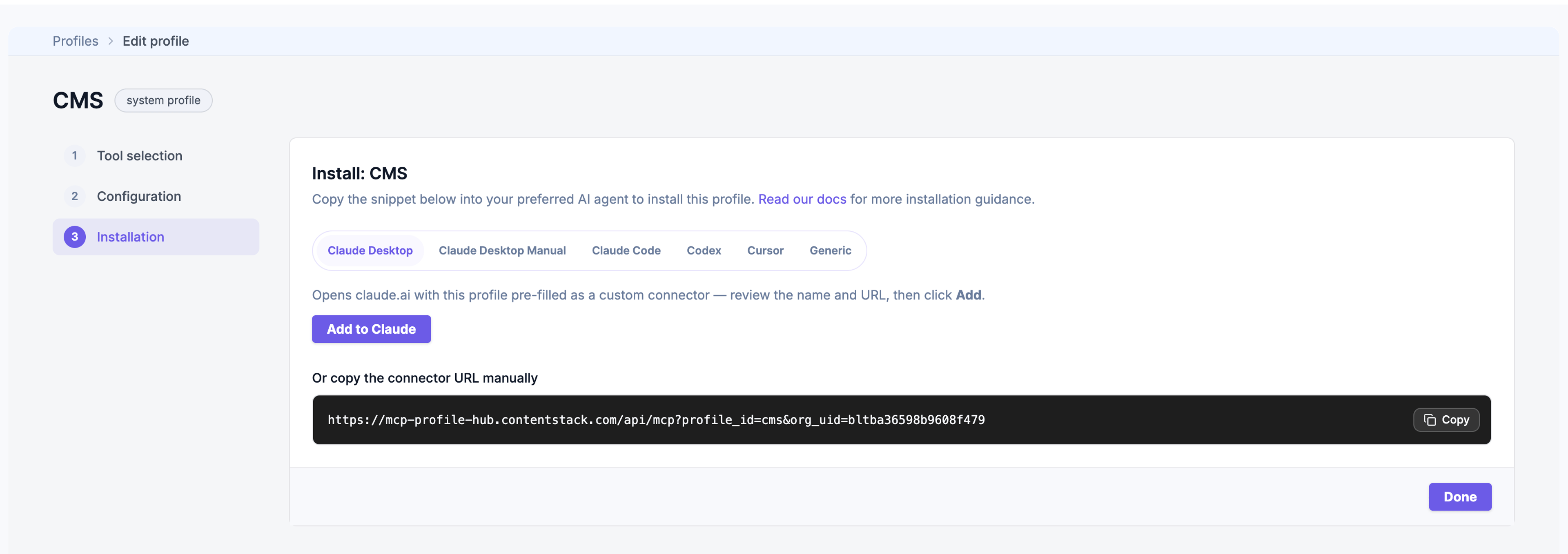 Installation step showing different client tabs along with the raw connector URL.