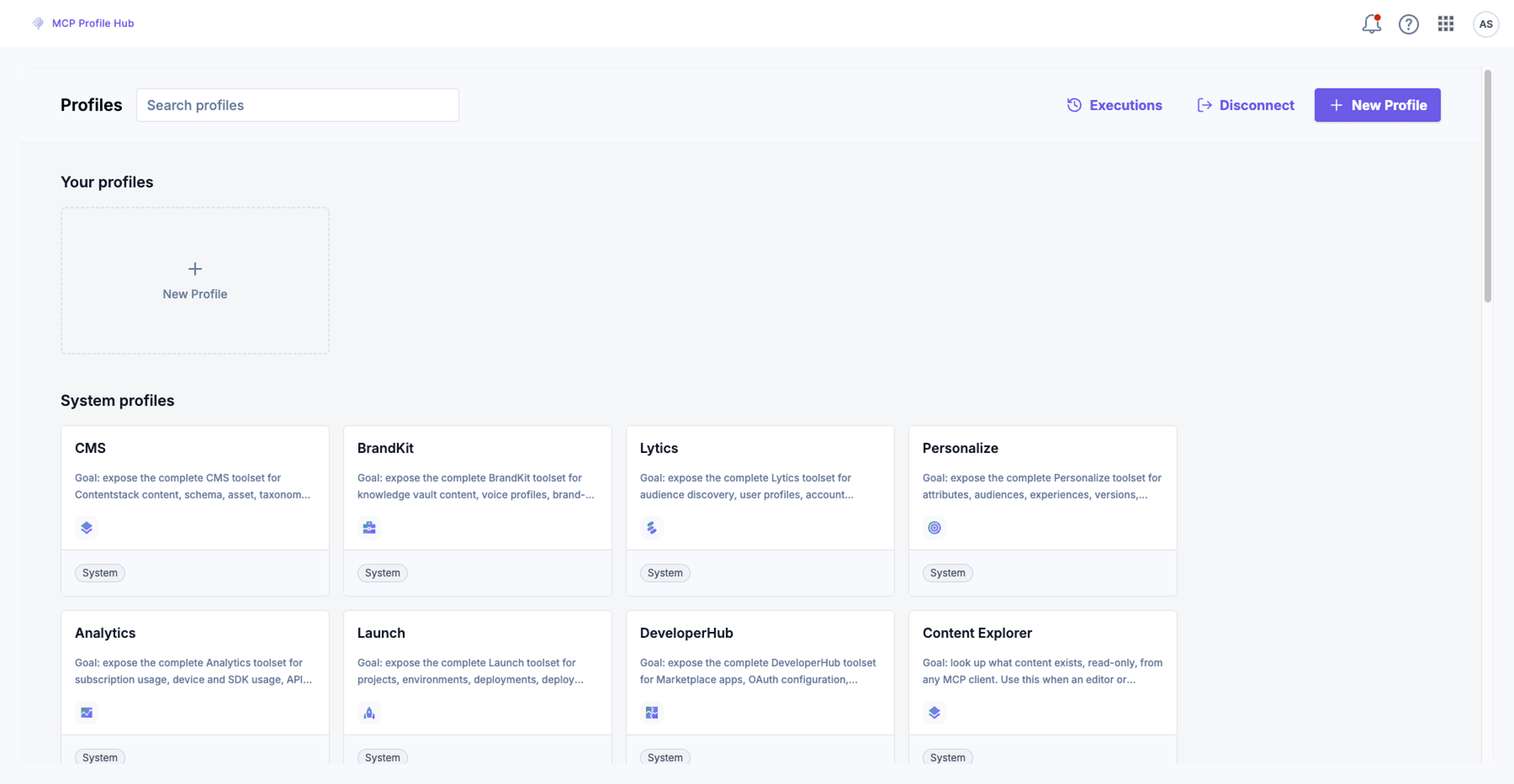 Profiles screen showing System profiles section with predefined profiles such as Asset Librarian and Content Explorer, plus the organization's custom profiles and the New Profile button.