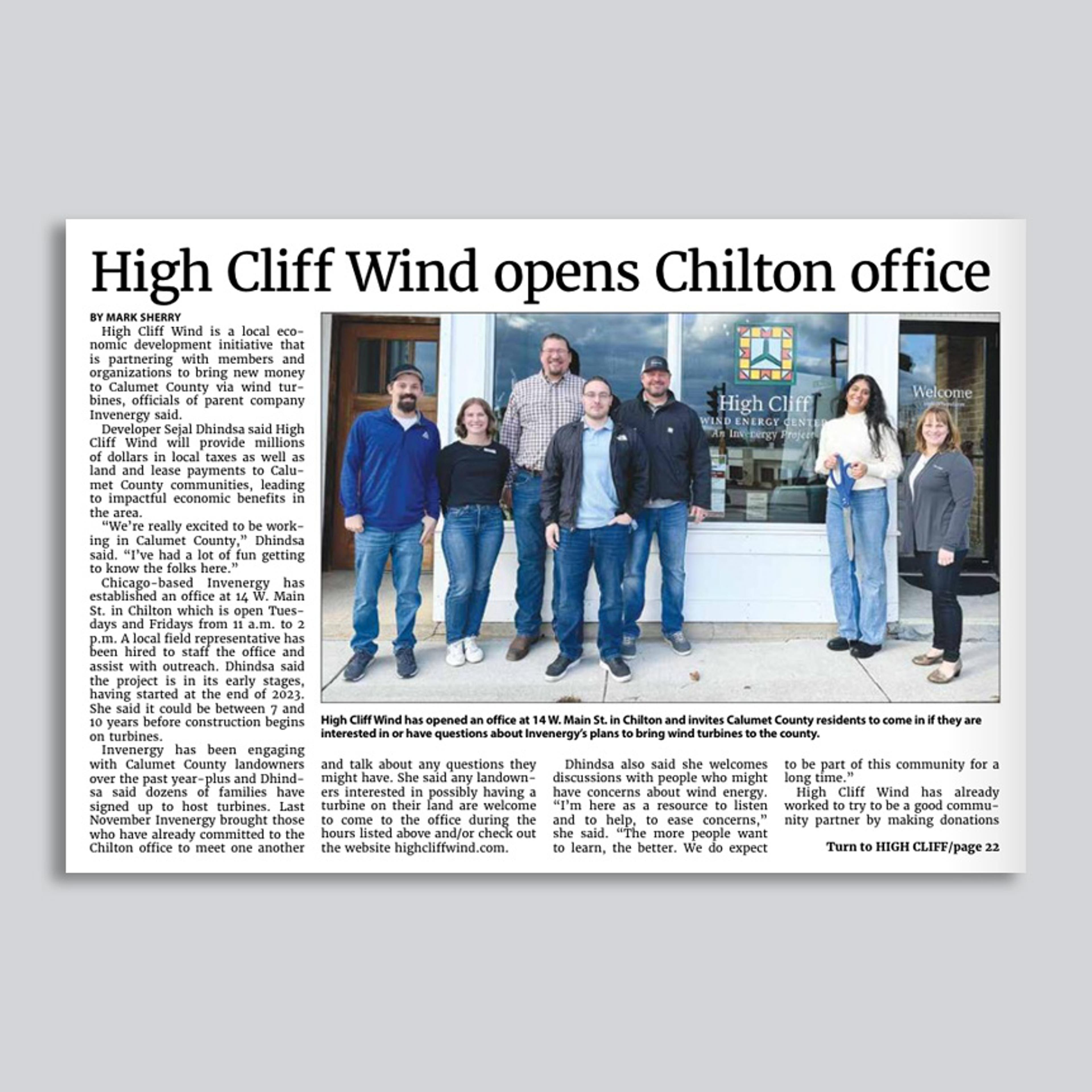 Invenergy’s High Cliff Wind project featured in Chilton Progress March Edition