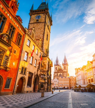 Clocktower and Prague streetscape