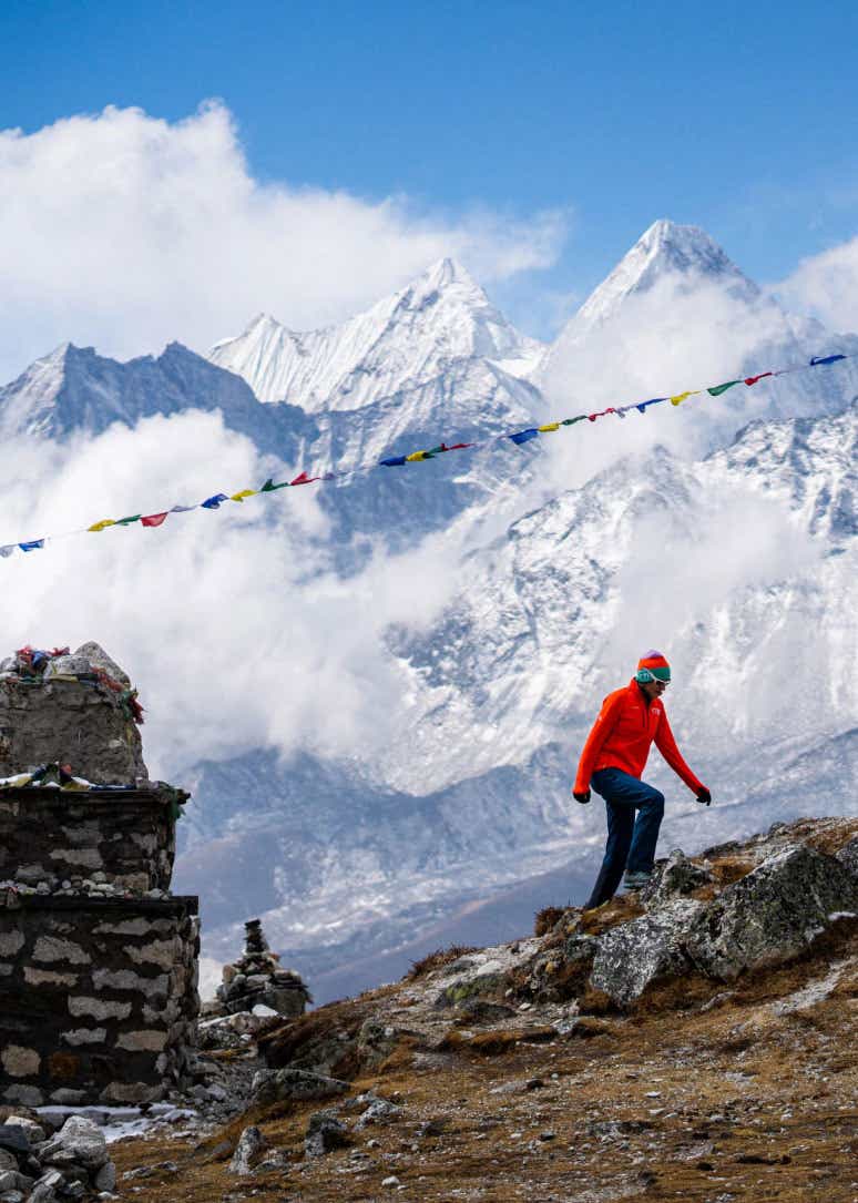 Climber treks up a beautiful mountainous path