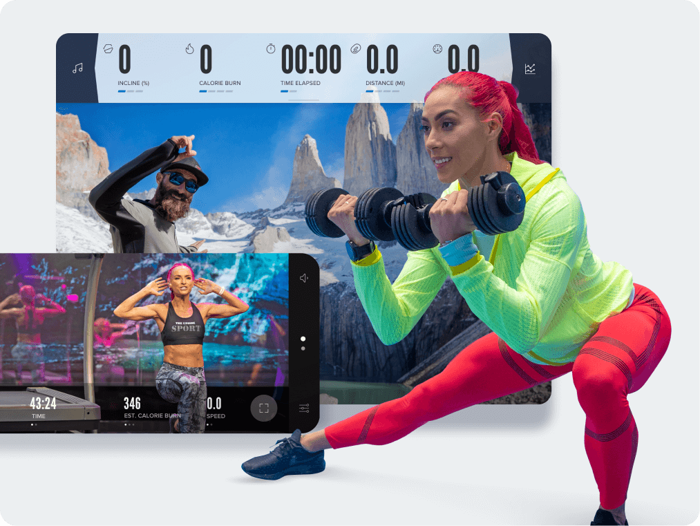 Woman with red hair lifting weights looking at iFIT app screens.