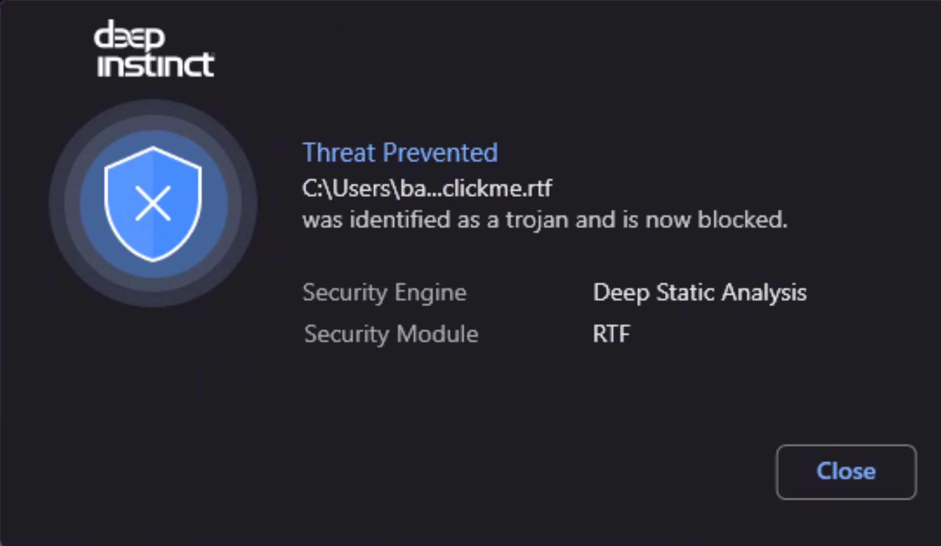 Figure 3: A document file that leverages Follina to execute malicious commands is prevented by the Deep Instinct agent before it gets a chance to run. 