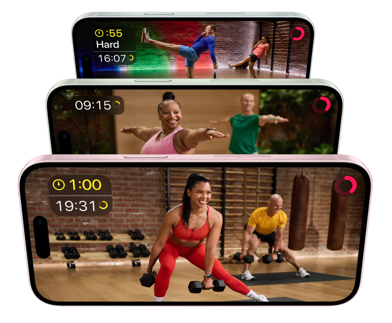 3 iPhones display Apple Fitness+ classes available to Anytime Fitness members