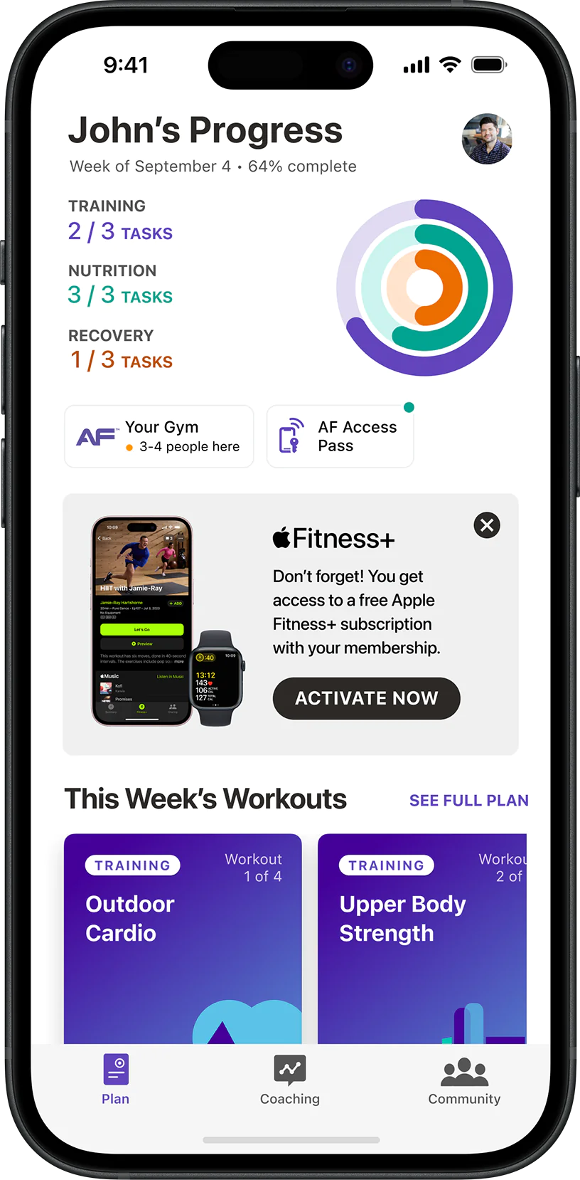 Screenshot of the Plans tab of the AF App with a Fitness+ redemption card visible