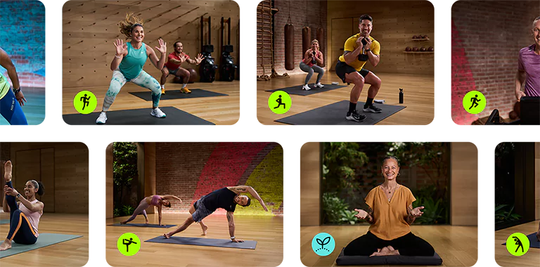 Two rows of inline tiles showing Fitness+ workouts with icons for the various workout types.