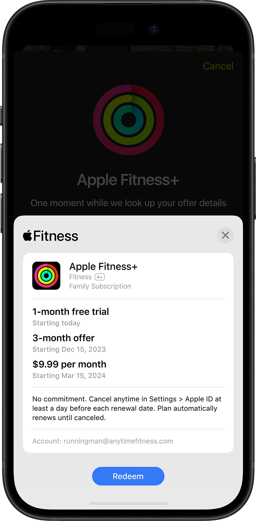 Screenshot of the purchase modal in the Apple Fitness app
