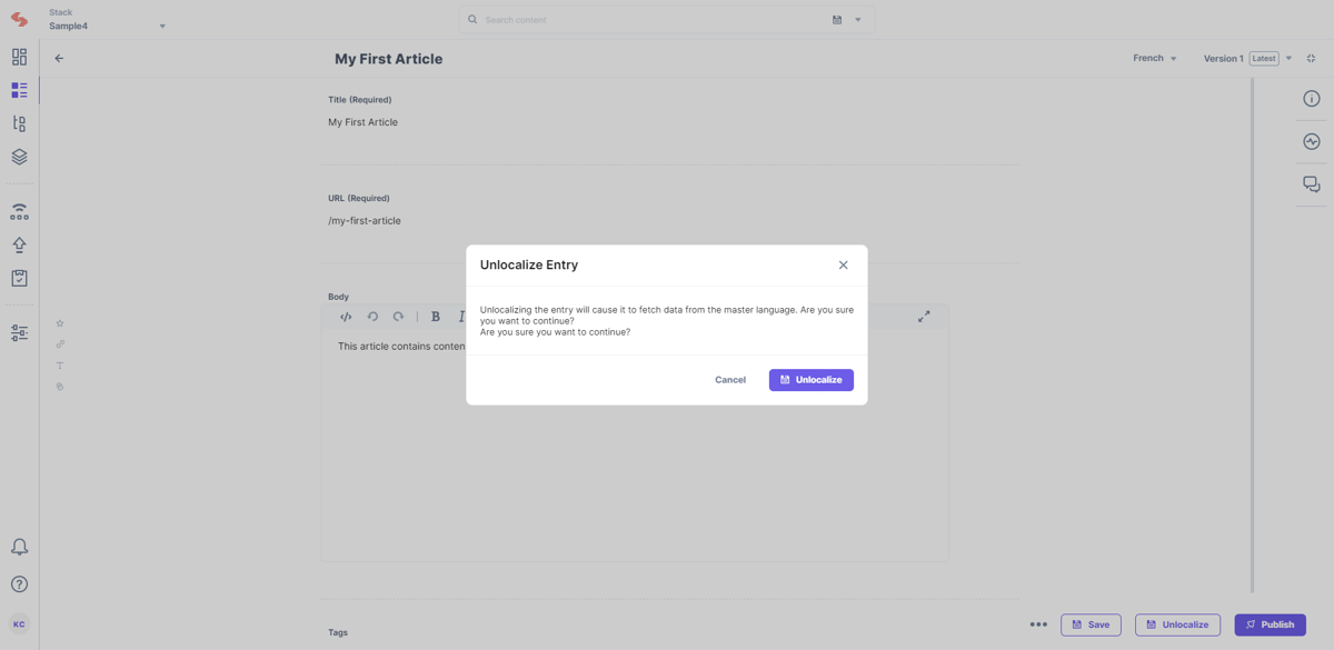 Unlocalize an Entry | Contentstack