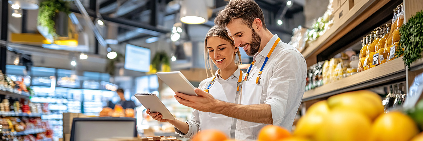 Two grocery store workers looking at a tablet in the produce section of the store.