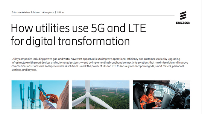 Ericsson at-a-glance document titled 'How utilities use 5G and LTE for digital transformation.'