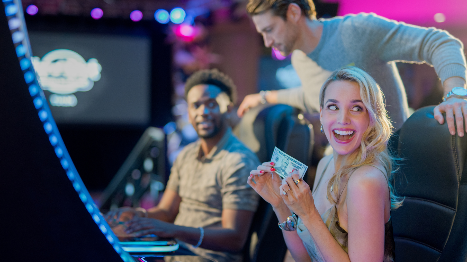 Excited Girl with Money won from slot machine