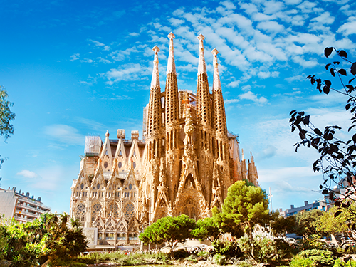 La Sagrada Familia Basilica in Barcelona, pictured on a bright sunny day 