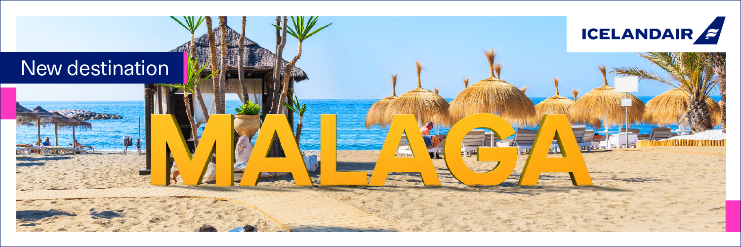 Banner displaying an image of Miami with text that reads 'New destination: Malaga.'.