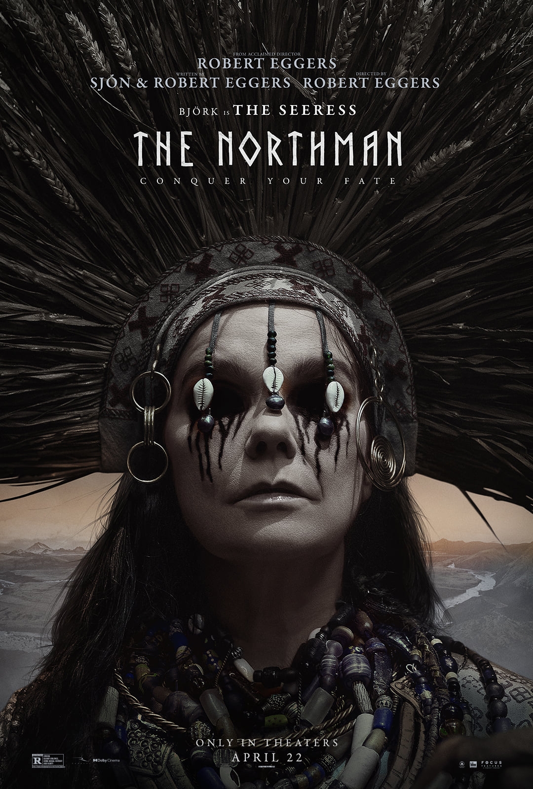 Poster of The Northman movie featuring an image of Björk as the seeress