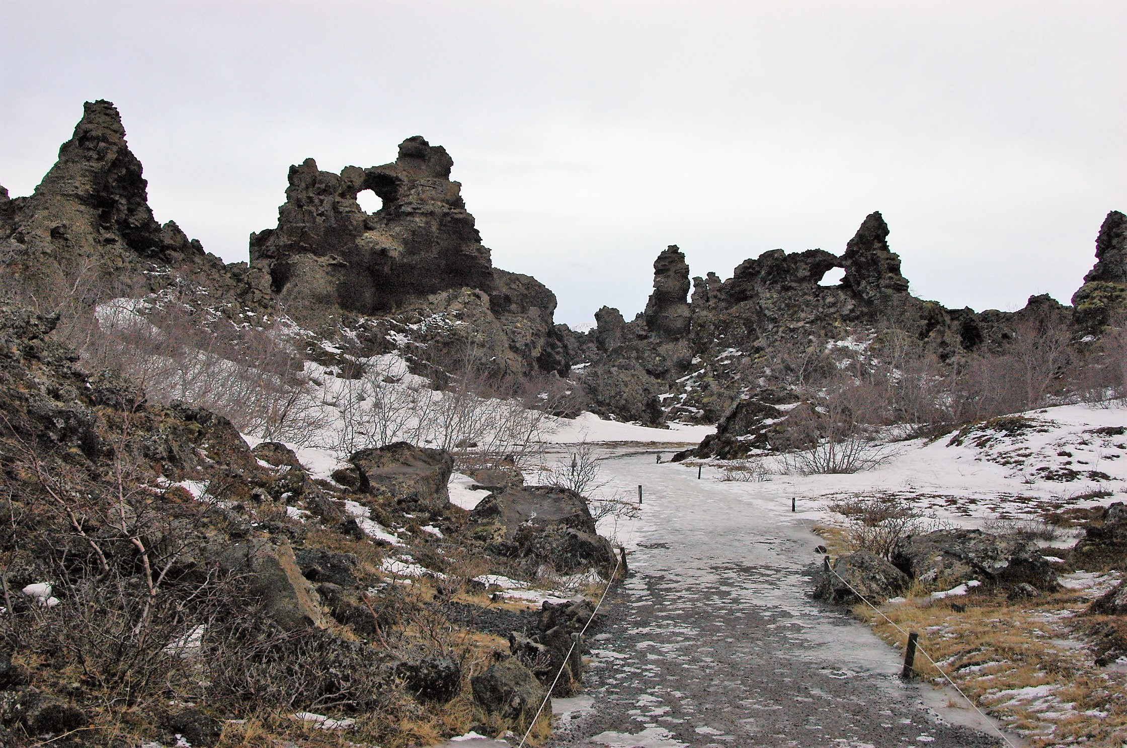 An icy walkway at Dimmuborgir in the Lake Myvatn area of Iceland
