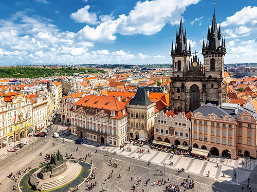 An overhead shot of Old Town Square in Prague pictured on a bright sunny day