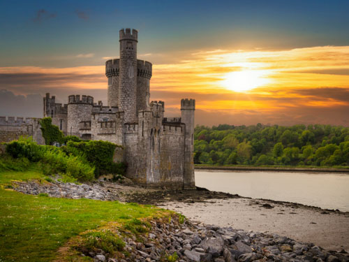 an Irish castle at sunset