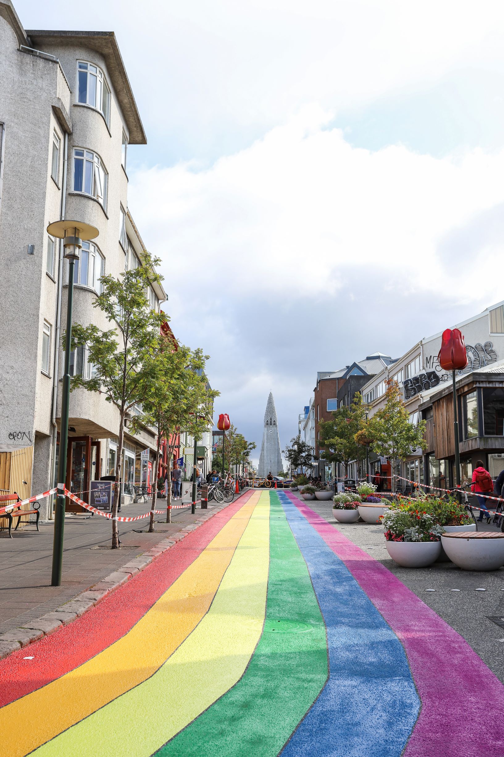 Skólavörðustígur, in downtown Reykjavik, pictured with the rainbow street looking up the street to Hallgrimskirkja