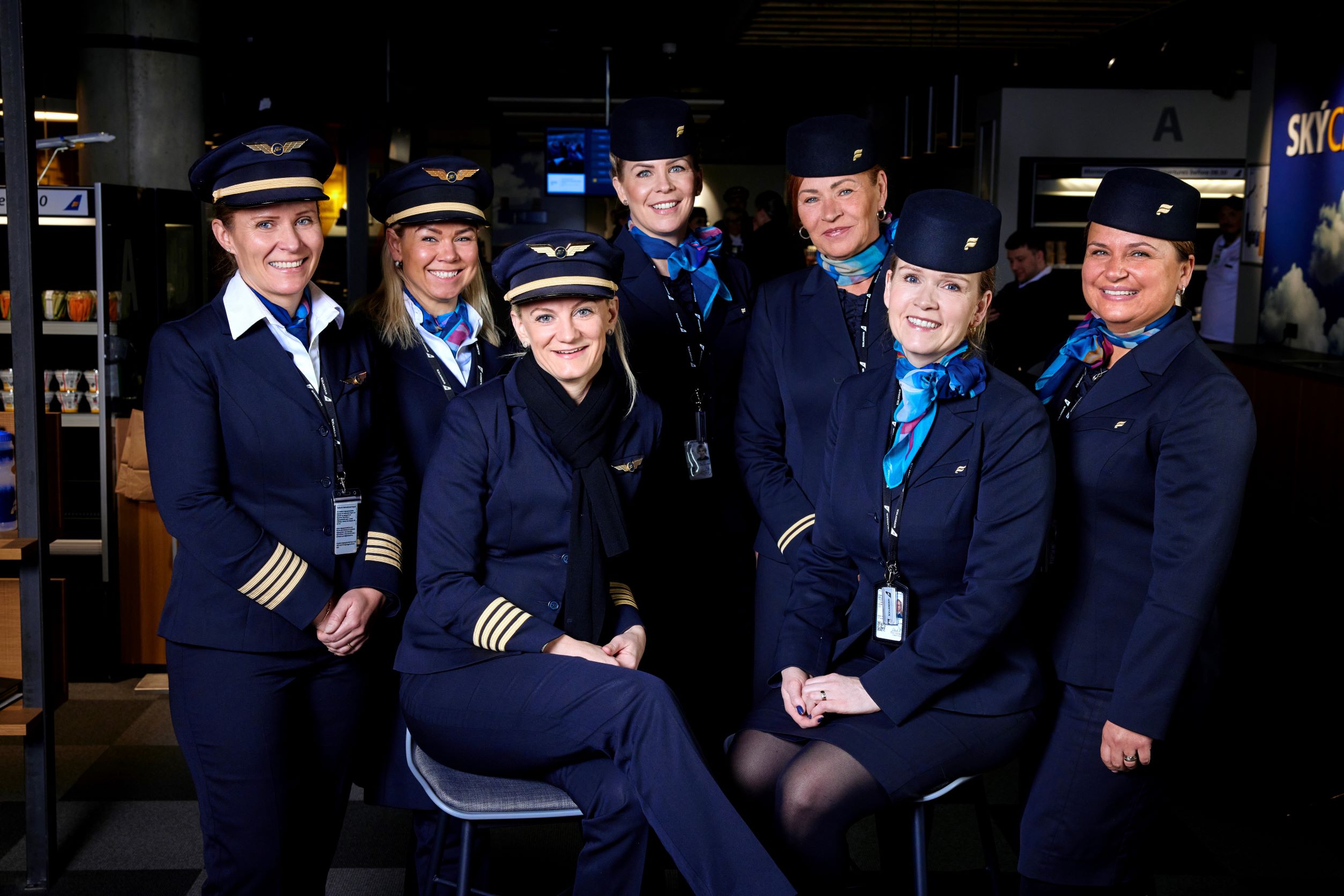 On International Women's Day 2022, we flew a flight with all-female staff of cabin crew, pilot, co-pilot, and gate agents. The photo shows the team