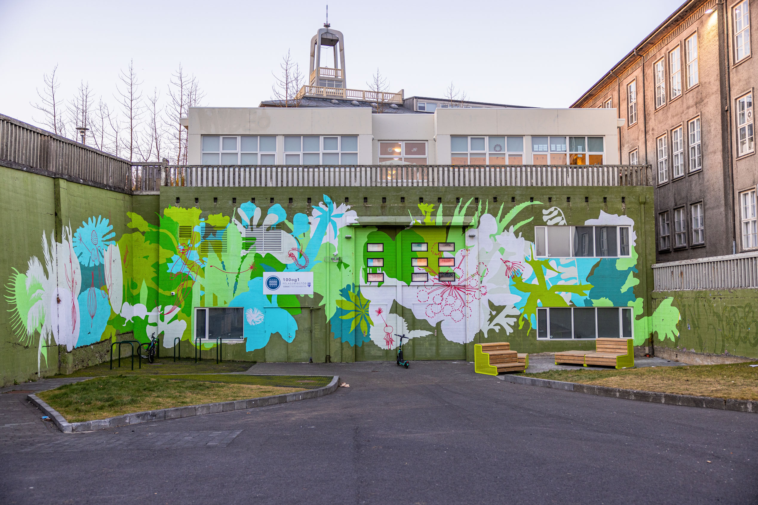 Photo of the Reykjavík mural titled Flóran, or The Flora: a large mural on the side of a school wall. Flowers and herbs are outlined against a green background.