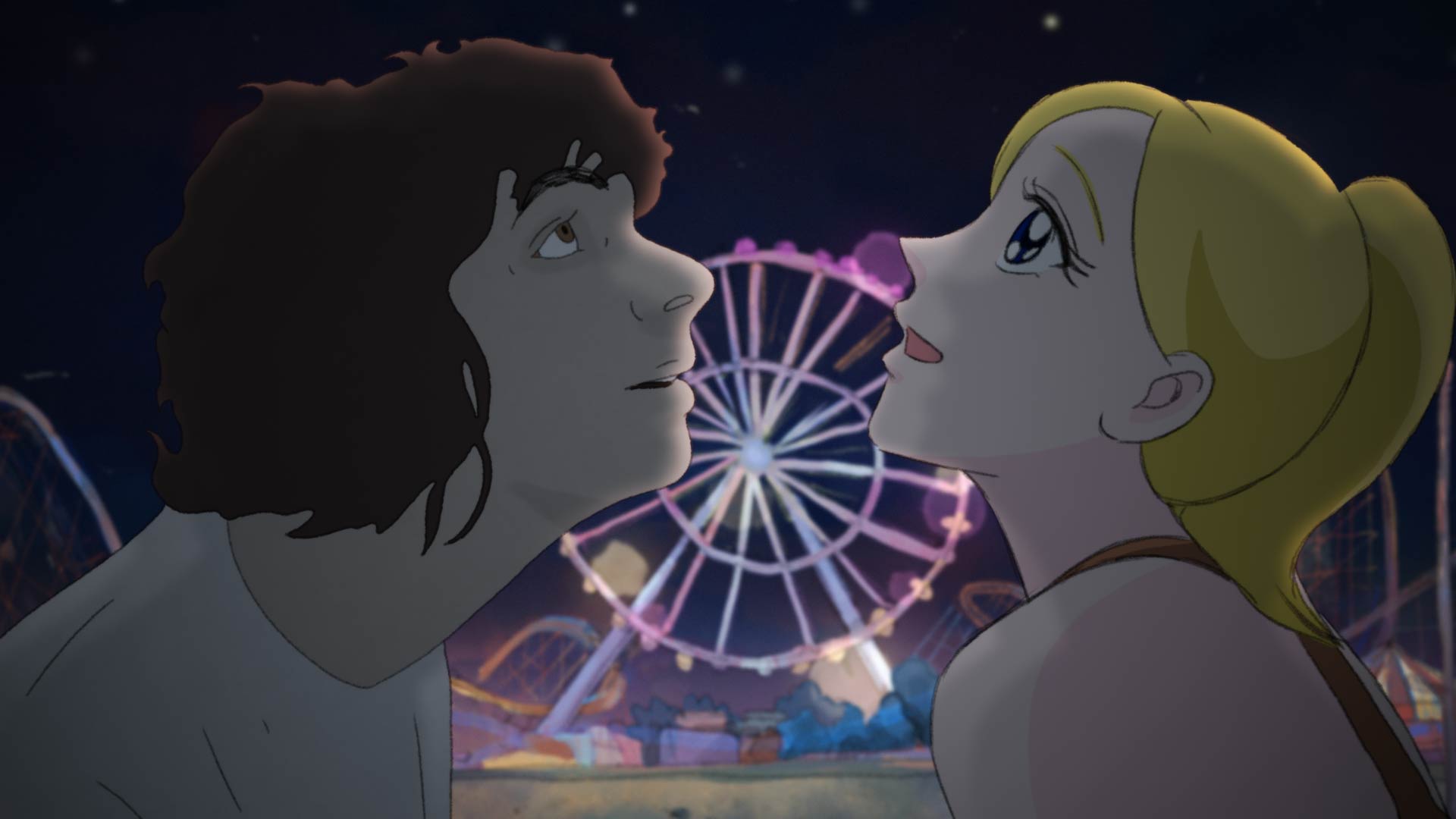 A still from the animation showing the faces of a boy and girl in front of a Ferris wheel