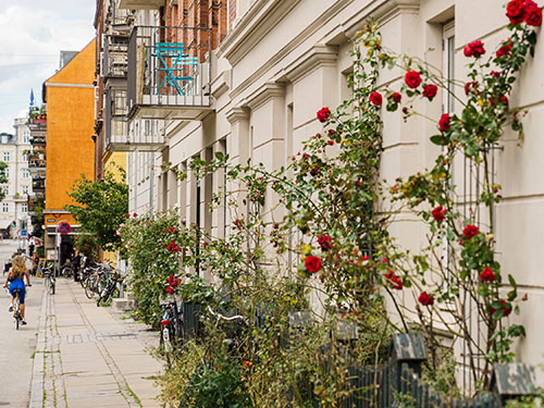 The view up a street in central Copenhagen, building in the foreground decorated with red flowers