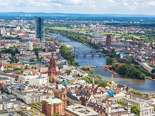 A birds eye view of Frankfurt city in Germany pictured on a clear day 