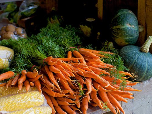 A close up picture of some carrots, pumpkin and corn at a local farmer’s market