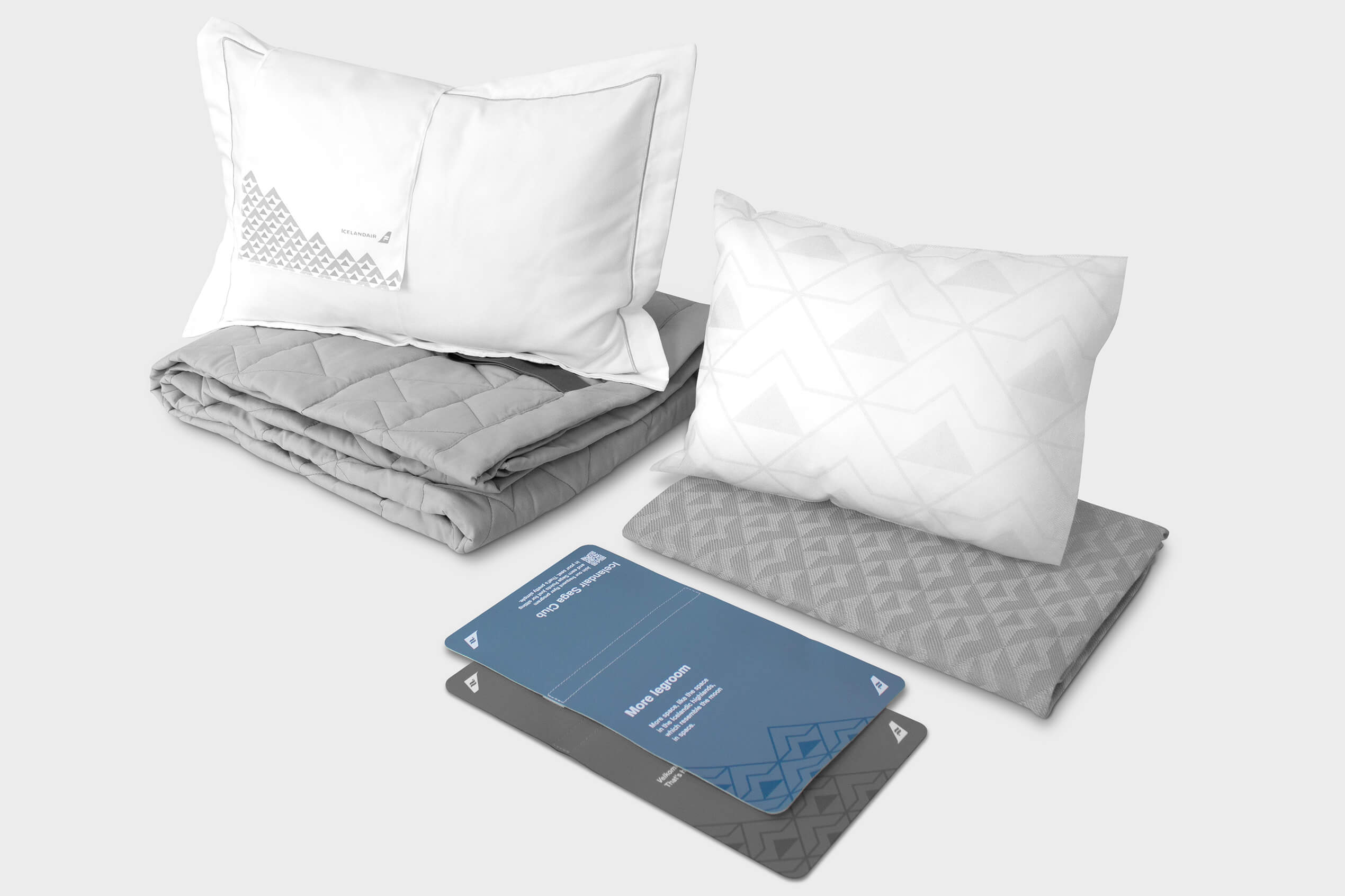 The new Icelandair onboard textile collection which consists of pillows, blankets and information plaques