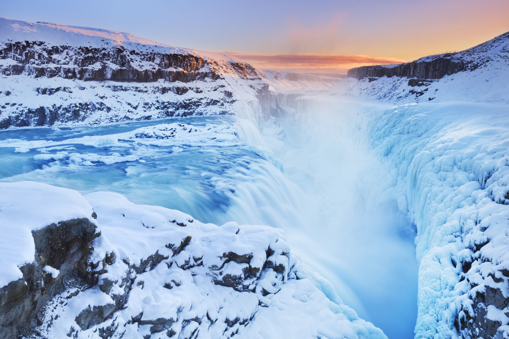 Gullfoss waterfall in winter snow