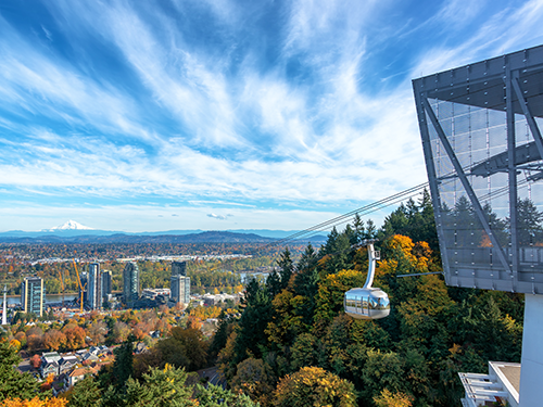 A view from the cable car in Portland looking down to the city 