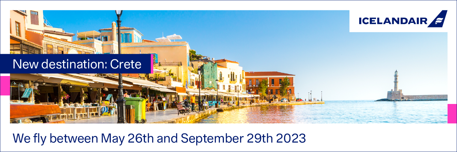 Image with Cretian scene and text that reads 'New destination: Crete. We fly between May 26th and September 29th 2023'