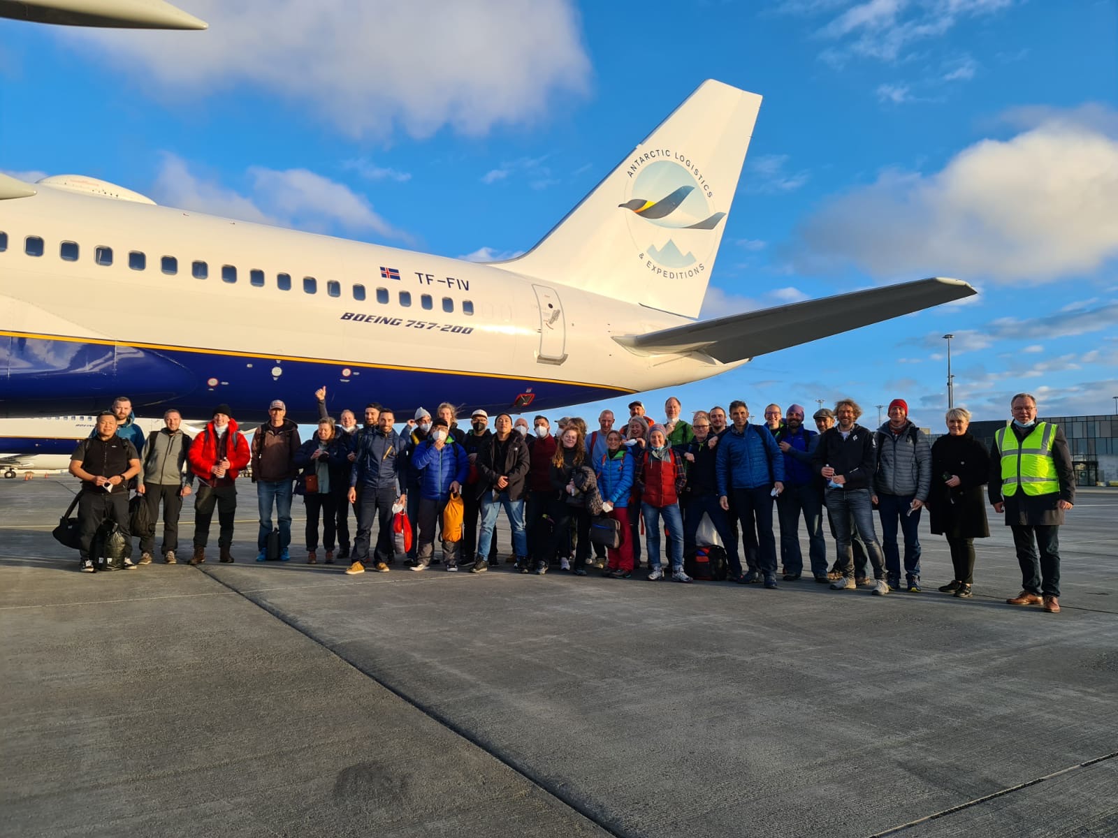Icelandair aircraft with team from Antarctic Logistics & Expeditions data-verified=
