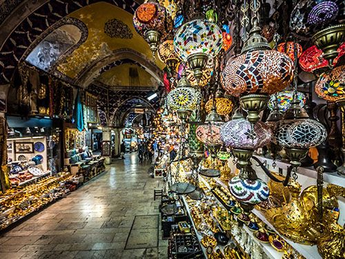 Colorful lanterns and other shiny artifacts in a part of the Grand Bazaar in Istanbul