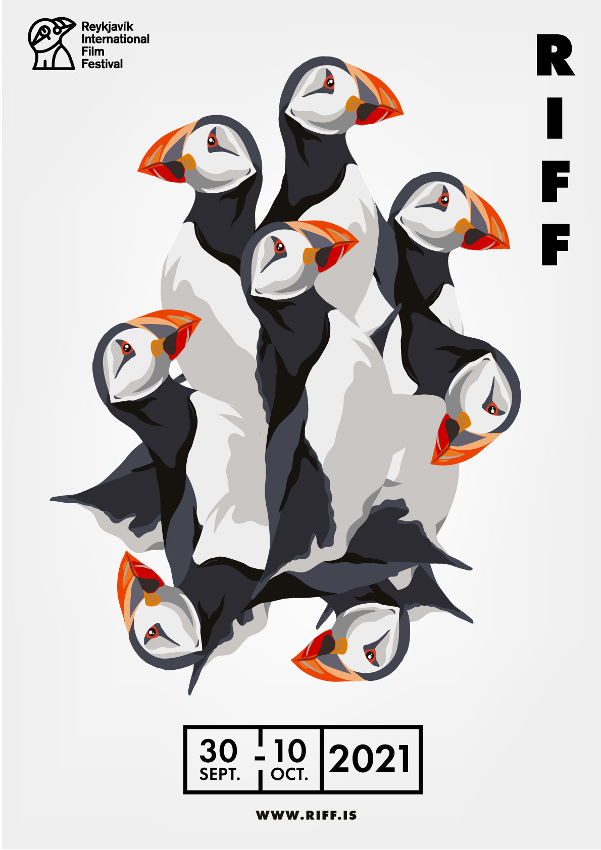 Riff International Film Festival poster for 2021 featuring a group of puffins facing all different directions with copy that reads '30th Sep-10th Oct 2021'