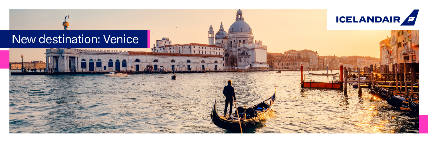 Banner displaying an image of Venice with text that reads 'New destination: Venice.'.
