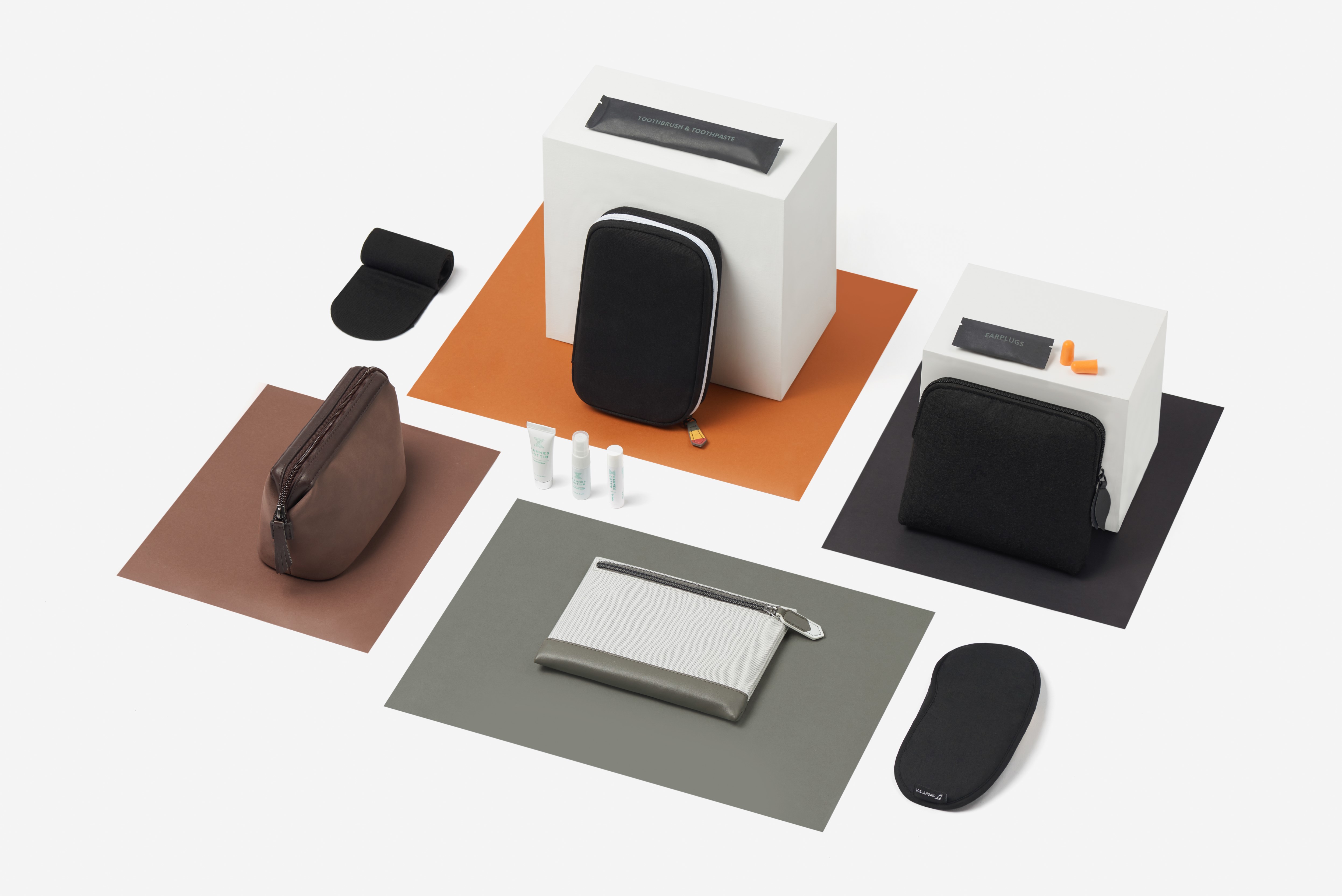 The Icelandair onboard products consist of four kits with accented colours in brown, green, orange and black