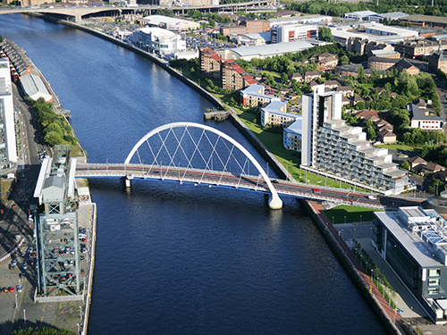 The Cylde Arc bridge in Glasgow pictured from above on a bright day