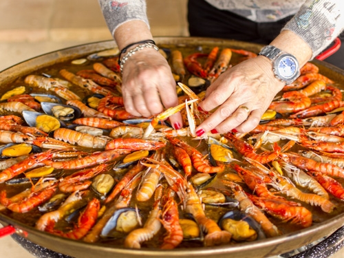 a large plate of Spanish seafood