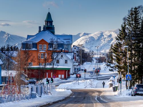 snowy streets in the norwegian town of tromso