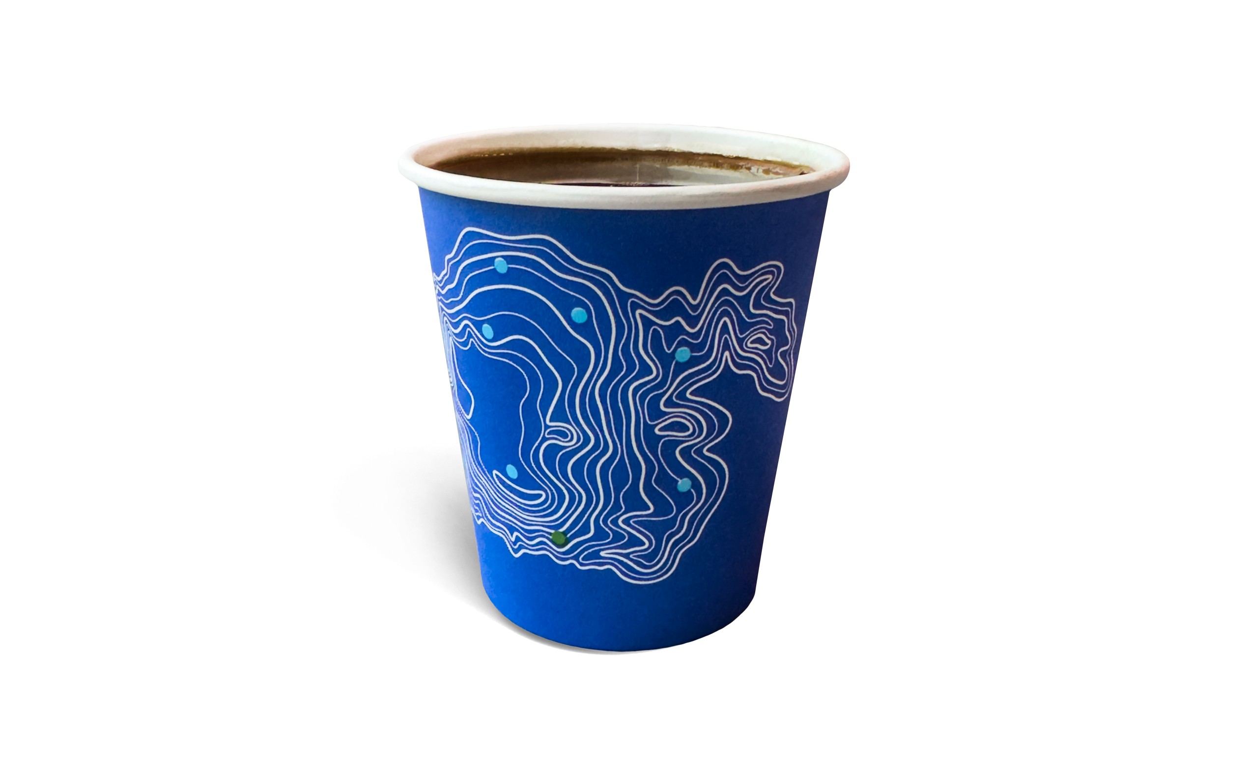 Part of our new topographic collection:picture shows a blue paper coffee cup with topographic lines