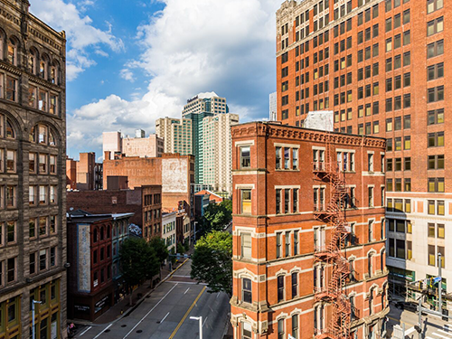 A view of the red brick buildings in downtown Pittsburgh 