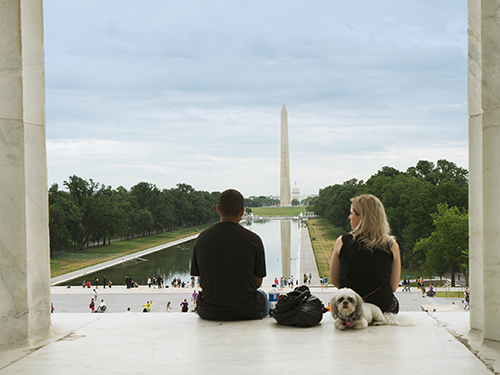 Two people sit with their dog at the top of the the Lincoln Memorial in Washington DC, looking out over the Reflecting Pool 