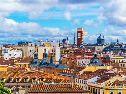 A birds eye view of Madrid city in Spain pictured on a clear sky day 