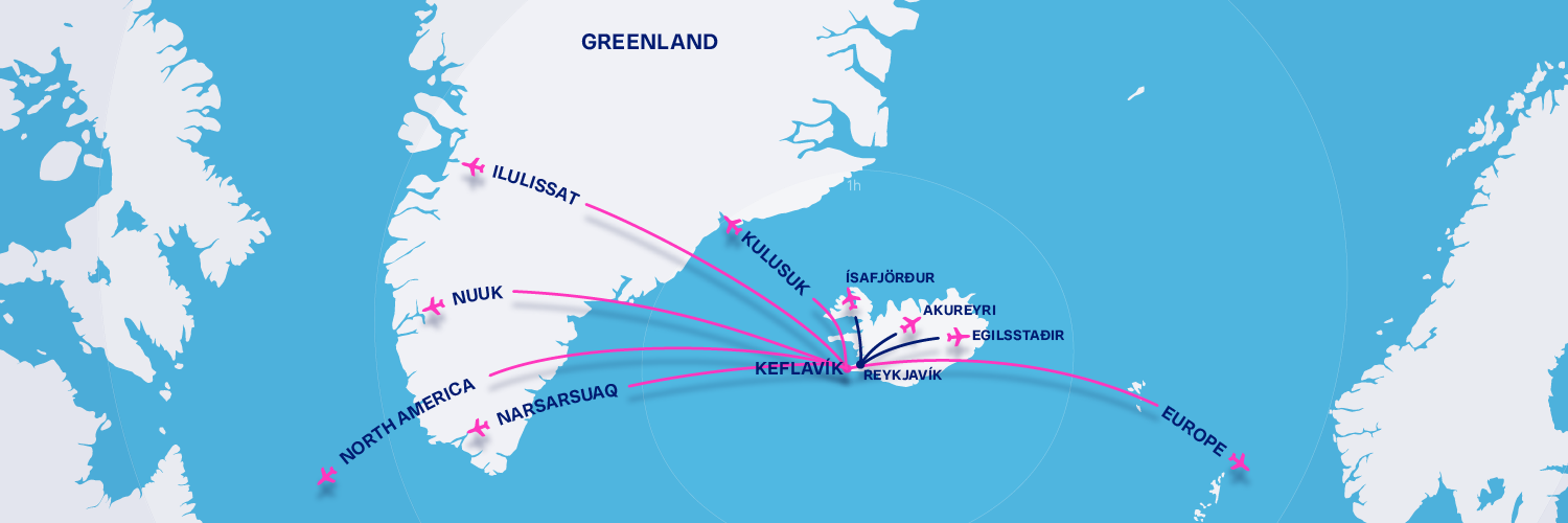 a map displaying Icelandair routes across to Greenland