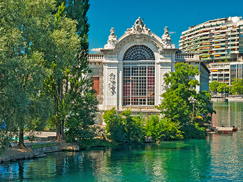 The Batiment des Forces Motrices in Geneva, as pictured from the waterway 