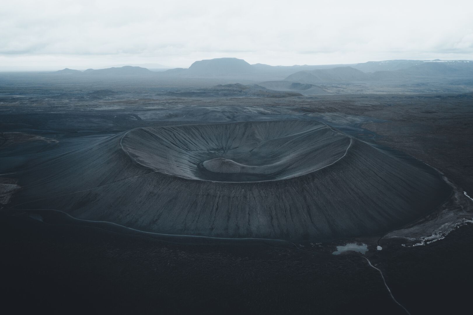 An aerial view of Hverfjall crater located close to Lake Myvatn in Iceland