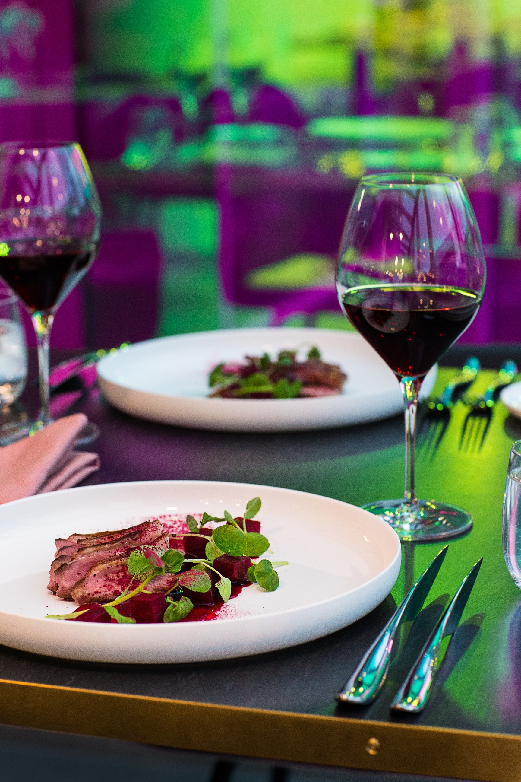 Elegant meal, consisting of two plates of food and two glasses of red wine with a colorful background.