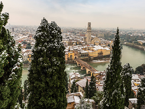 An overhead view of the city of Verona pictured in the winter time